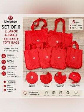 Lululemon Reusable Tote Bag Bundle | 2 Large + 4 Small | Red | Set of 6